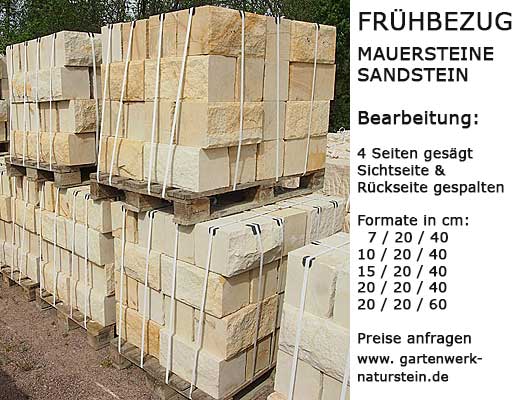 vierfach gesägte Mauersteine aus Sandstein Schlossberg Maueresteine aus Sandstein, Lager und Köpe gesägt, Sichtseite und Rückseite gespalten